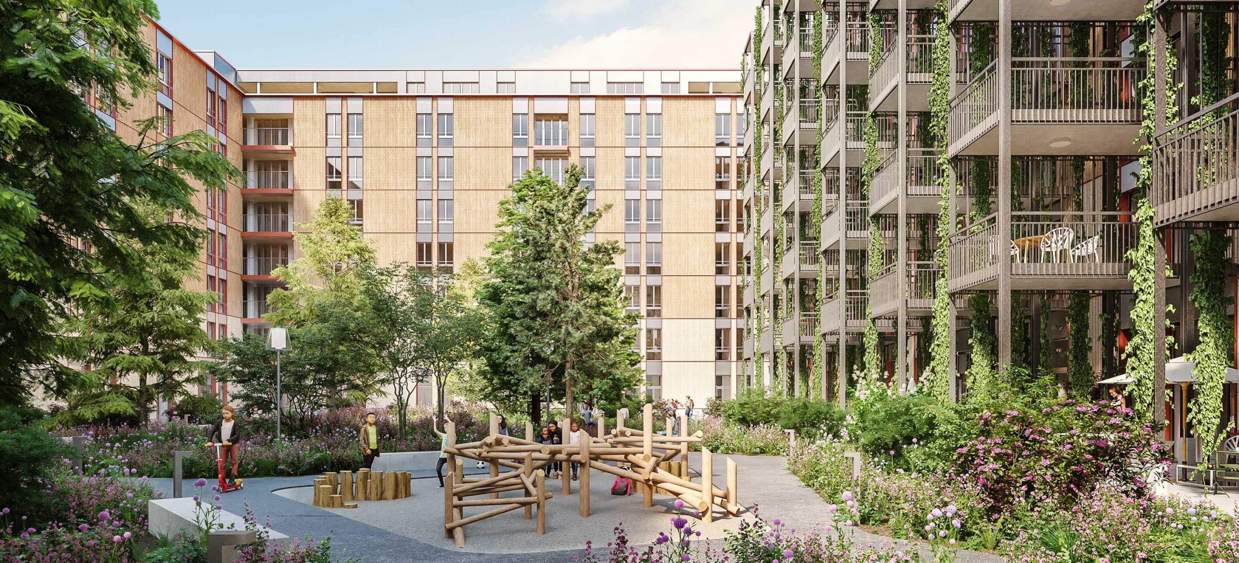 Das Bild zeigt den begrünten Innenhof eines Wohngebäudes mit Kindern und Erwachsenen von KIM Winterthur.