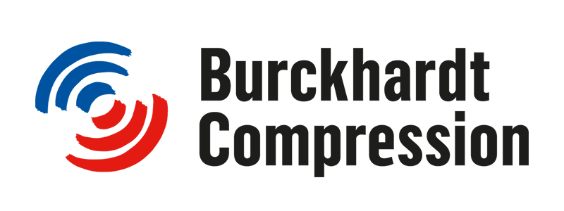 «Burckhardt Compression»-Logo bestehend aus schwarzem Schriftzug sowie blauen und roten Kreissegmenten