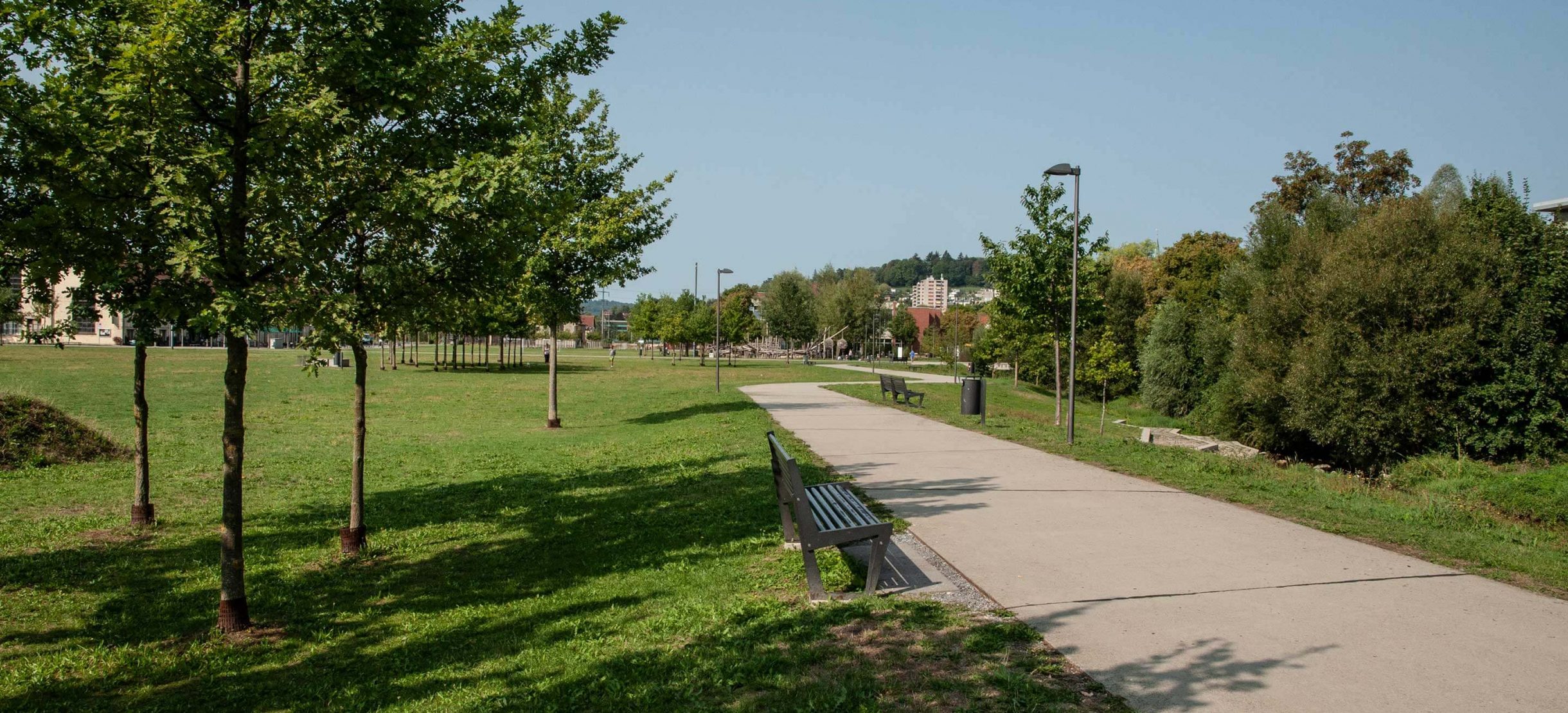 Fussweg im grünen Eulachpark mit Parkbänken.