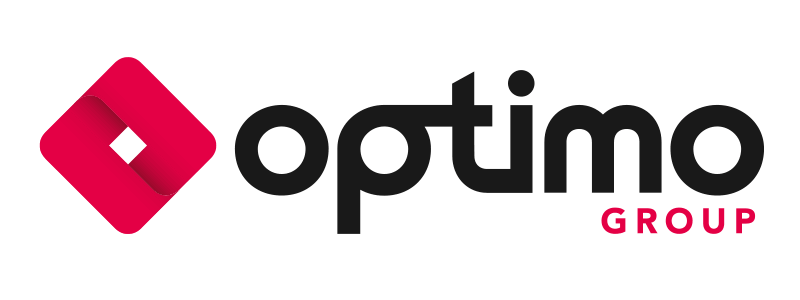 Logo der Optimo Group bestehend aus schwarzem Optimo-Schriftzug, rotem Group-Zusatz und rotem Karo-Element